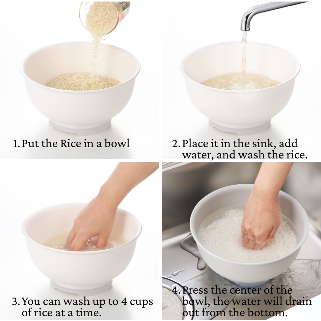 Four-panel instructional graphic showing how to wash rice in a white ceramic bowl. Step 1 shows rice being poured into the bowl, step 2 shows water running into the bowl from a faucet, step 3 shows a hand washing rice in the bowl, and step 4 shows the bowl draining in a sink.