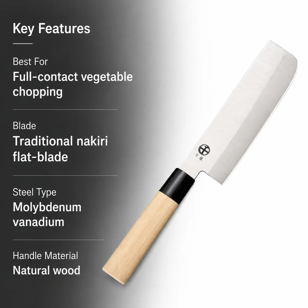 A Japanese-style vegetable chopper knife shown diagonally on a split dark gray and white background with text listing key features such as full-contact vegetable chopping, traditional nakiri flat-blade, molybdenum vanadium steel, and natural wood handle.