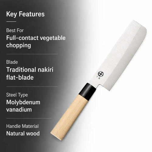 A Japanese-style vegetable chopper knife shown diagonally on a split dark gray and white background with text listing key features such as full-contact vegetable chopping, traditional nakiri flat-blade, molybdenum vanadium steel, and natural wood handle.