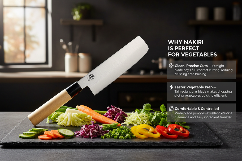 Santoku knife with a wooden handle on a white background