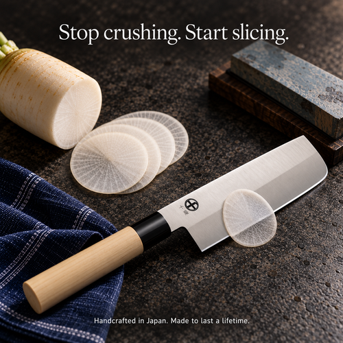 A Japanese-style kitchen knife with a light wood handle and satin-finished steel blade is arranged on a dark textured surface with sliced radish, a whole radish, a blue cloth, and a sharpening stone. Text on the image reads 'Stop crushing.