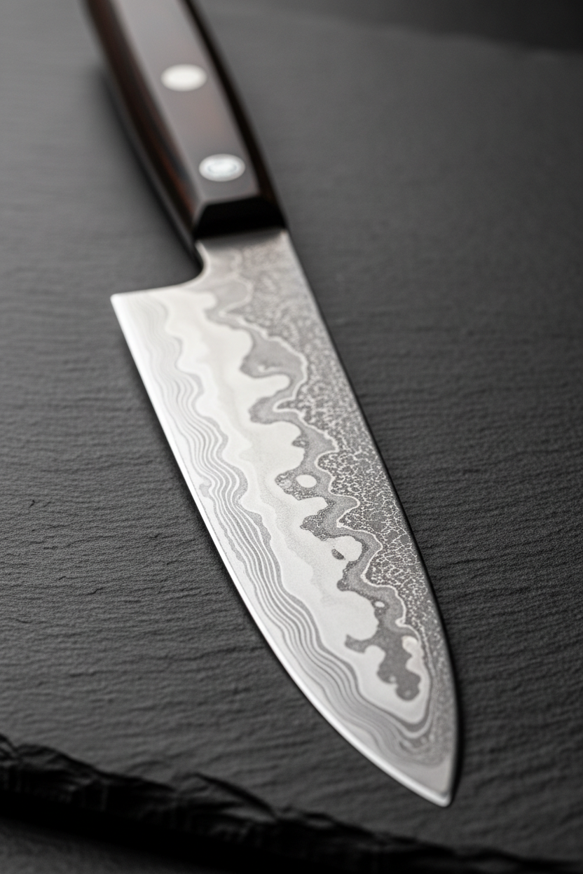 Vertical 9:16 ultra-detailed close-up image (1080x1920) of a Japanese knife blade showing steel texture and sharp edge, dramatic soft lighting, dark stone background, minimal luxury editorial style, high clarity, no hands, no text, no branding
