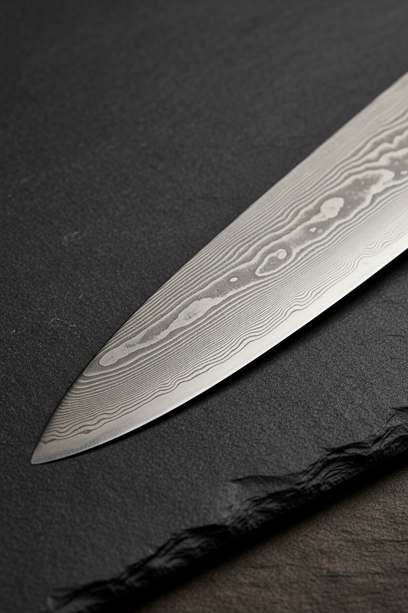 Vertical 9:16 ultra-detailed close-up image (1080x1920) of a Japanese knife blade showing steel texture and sharp edge, dramatic soft lighting, dark stone background, minimal luxury editorial style, high clarity, no hands, no text, no branding
